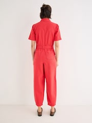 Oliver Bonas Red Denim Collared Short Sleeve Jumpsuit - Image 2 of 8
