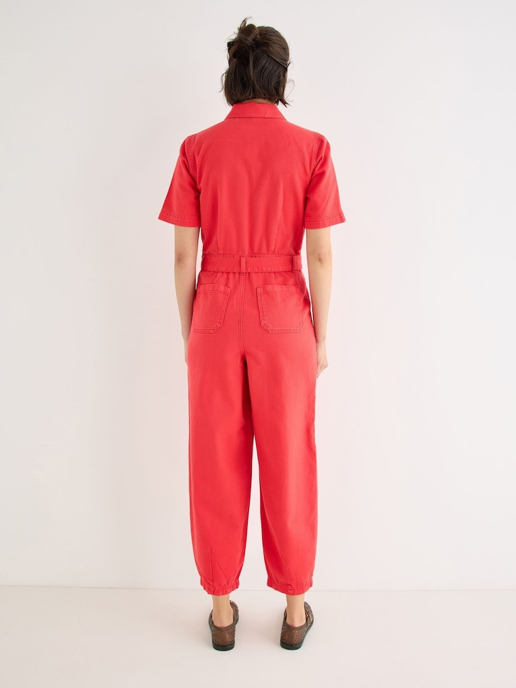 Oliver Bonas Red Denim Collared Short Sleeve Jumpsuit - Image 2 of 8 Oliver Bonas Red Denim Collared Short Sleeve Jumpsuit - Image 2 of 8