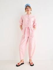 Oliver Bonas Pink Denim Button Up Tie Waist Jumpsuit - Image 1 of 8