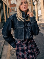 Indigo Blue Funnel Neck Zip Through Boxy Denim Jacket - Image 1 of 4