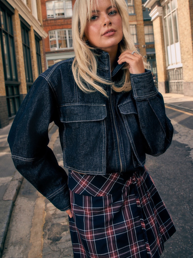 Indigo Blue Funnel Neck Zip Through Boxy Denim Jacket - Image 1 of 4 Indigo Blue Funnel Neck Zip Through Boxy Denim Jacket - Image 1 of 4