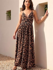Roman Brown Animal Print Halterneck Maxi Dress - Image 1 of 4
