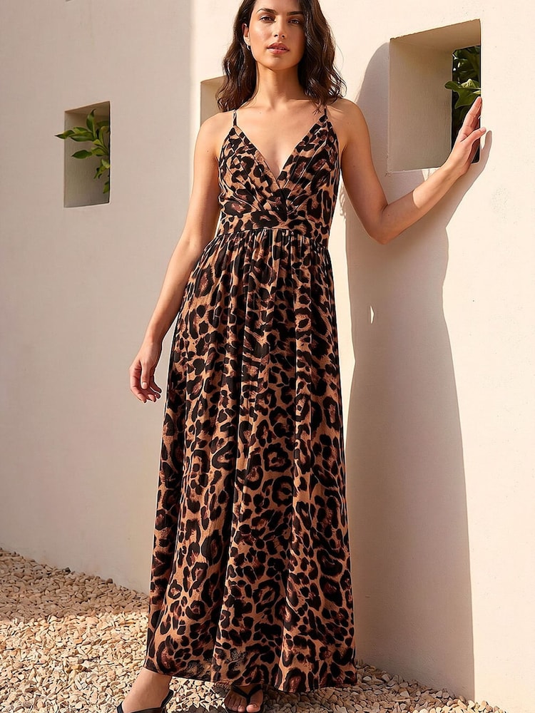 Roman Brown Animal Print Halterneck Maxi Dress - Image 1 of 4