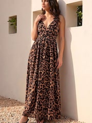 Roman Brown Animal Print Halterneck Maxi Dress - Image 4 of 4