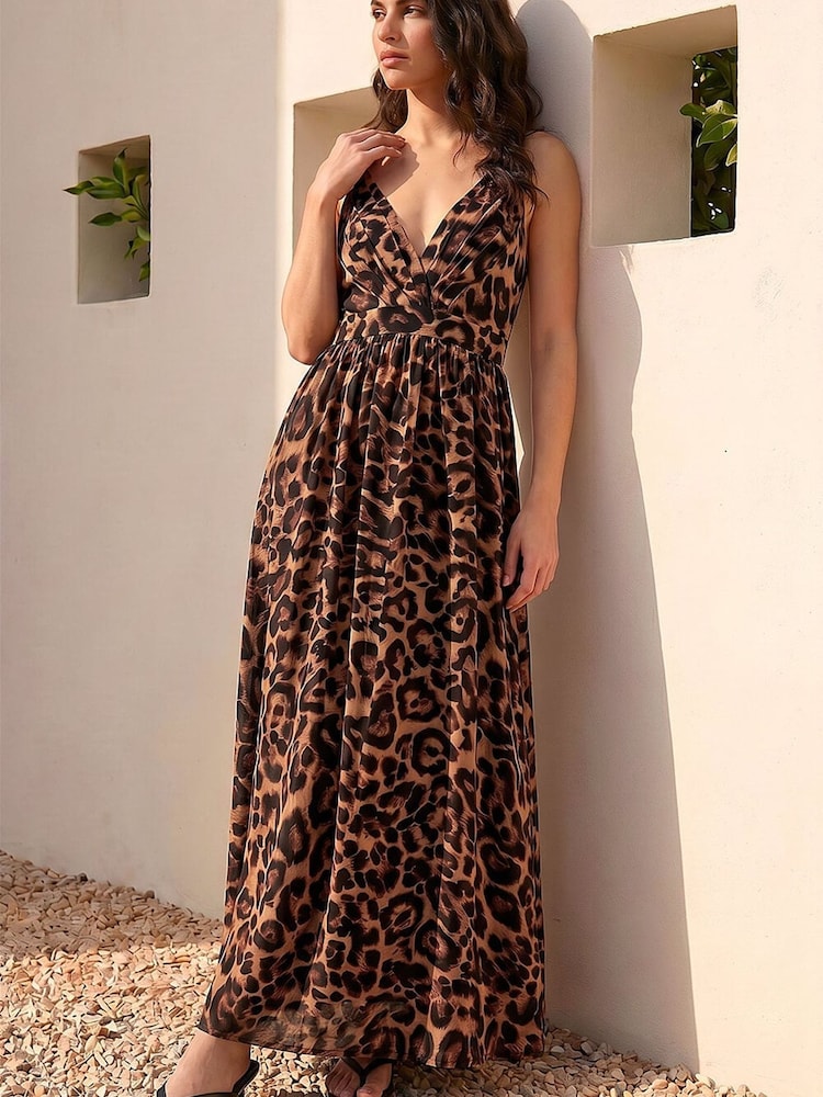 Roman Brown Animal Print Halterneck Maxi Dress - Image 4 of 4