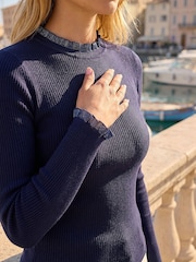 Roman Blue Woven Trim Rib Knit Jumper - Image 4 of 4