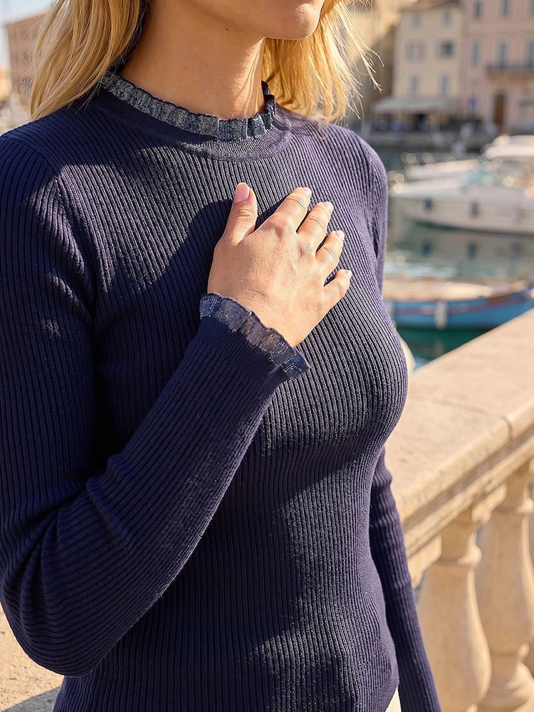Roman Blue Woven Trim Rib Knit Jumper - Image 4 of 4
