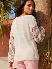 Roman White Crochet Sleeve Knit Jumper - Image 3 of 4