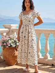 Roman White Floral Puff Sleeve Midi Dress - Image 1 of 4
