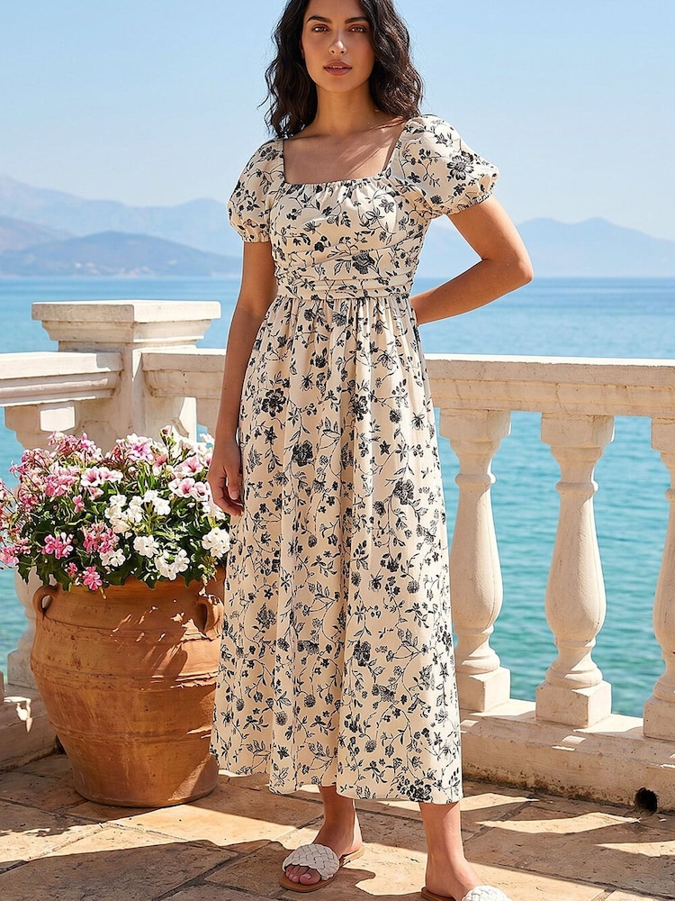 Roman White Floral Puff Sleeve Midi Dress - Image 1 of 4 Roman White Floral Puff Sleeve Midi Dress - Image 1 of 4
