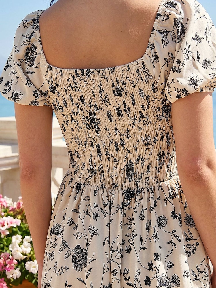 Roman White Floral Puff Sleeve Midi Dress - Image 4 of 4 Roman White Floral Puff Sleeve Midi Dress - Image 4 of 4