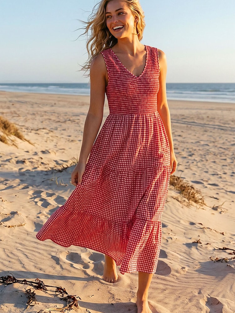Roman Red Gingham Tiered Midi Dress - Image 1 of 4
