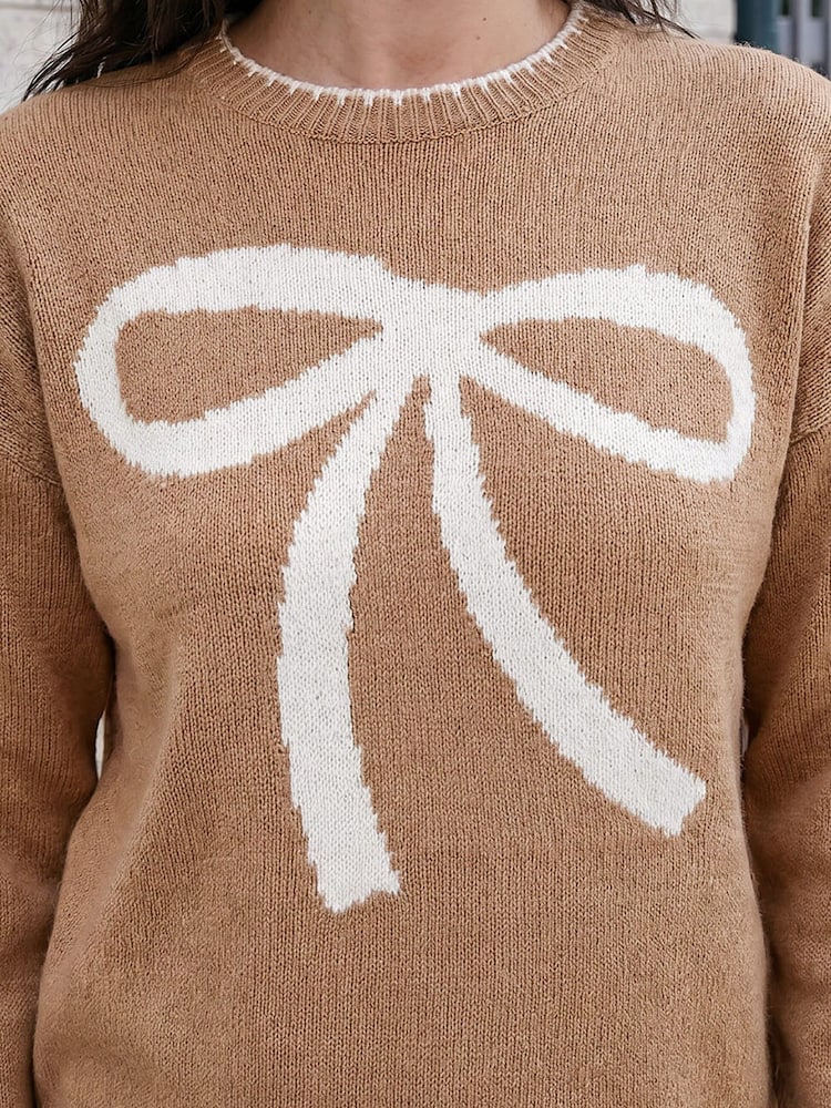Roman Natural Contrast Stitch Bow Knit Jumper - Image 4 of 4