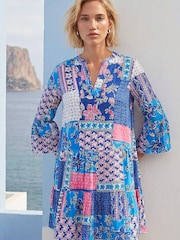 Roman Blue Patchwork Print Swing Dress - Image 1 of 4