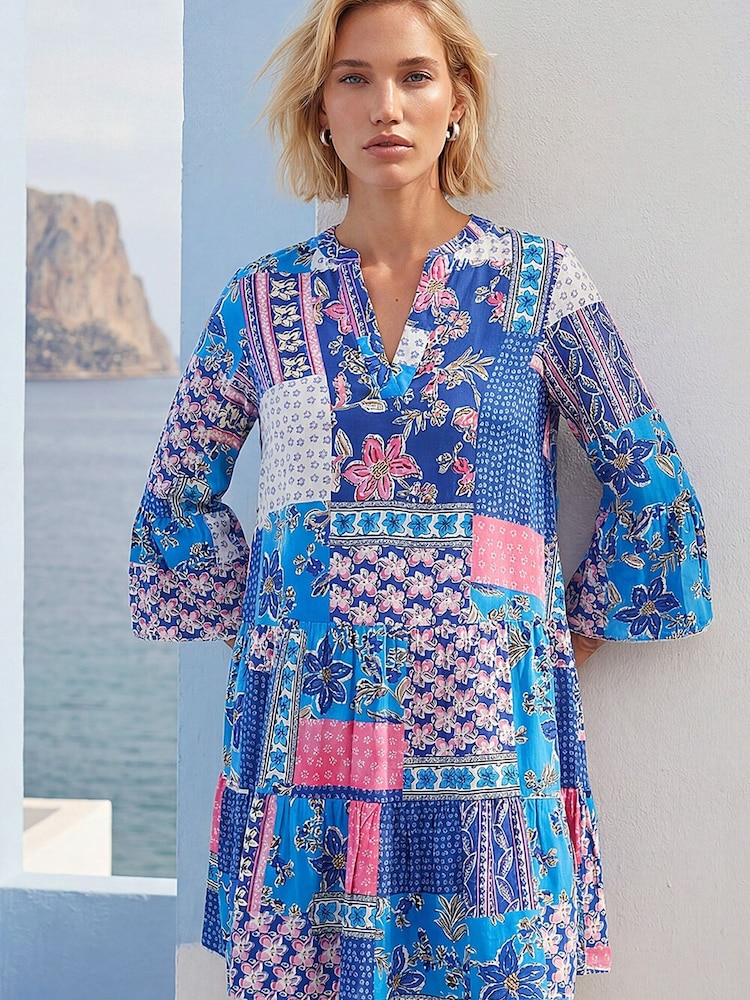Roman Blue Patchwork Print Swing Dress - Image 1 of 4 Roman Blue Patchwork Print Swing Dress - Image 1 of 4