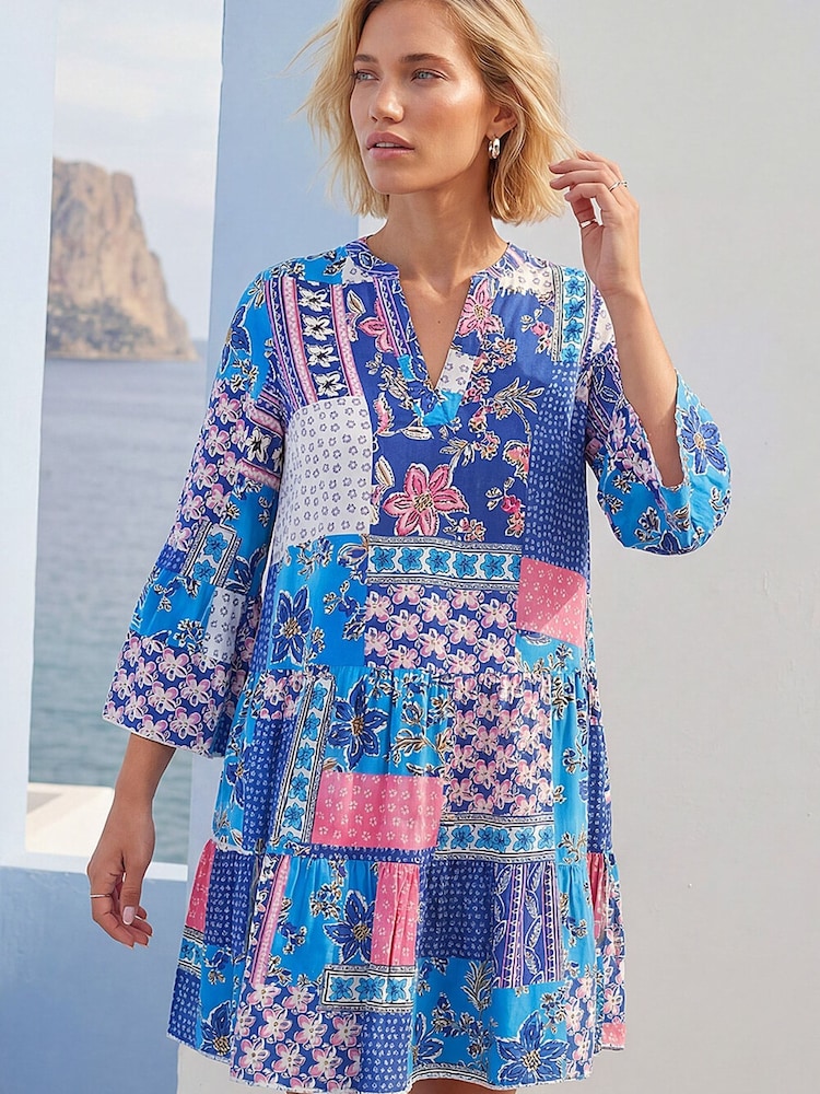 Roman Blue Patchwork Print Swing Dress - Image 2 of 4 Roman Blue Patchwork Print Swing Dress - Image 2 of 4
