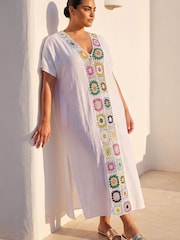 Roman White Curve Crochet Detail Midi Dress - Image 1 of 4