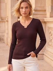 Roman Brown Gold Trim Knit Top - Image 4 of 4