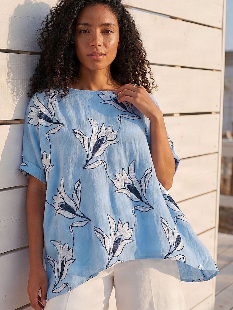Roman Blue Floral Embroidered Buttoned Back Top - Image 1 of 4 Roman Blue Floral Embroidered Buttoned Back Top - Image 1 of 4