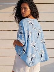 Roman Blue Floral Embroidered Buttoned Back Top - Image 3 of 4