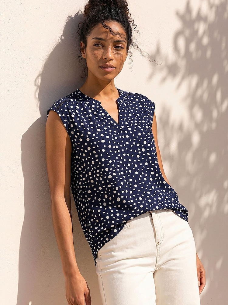 Roman Blue Polka Dot Print Stretch Top - Image 1 of 4