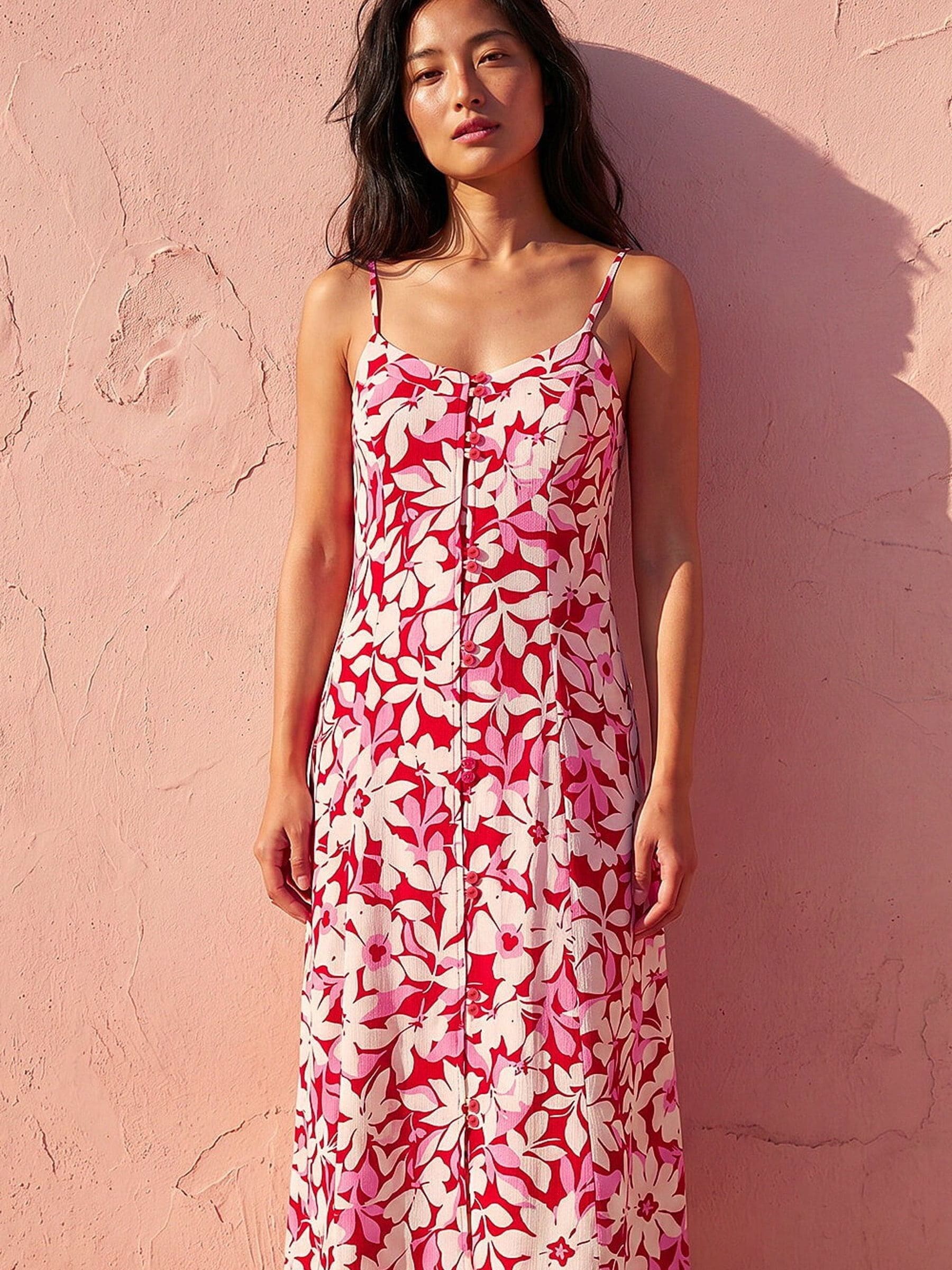 Roman Women's Pink Petite Floral Strappy Dress