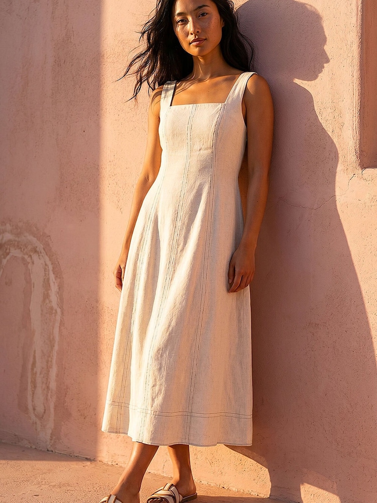 Roman Natural Petite Linen Panel Midi Dress - Image 2 of 4 Roman Natural Petite Linen Panel Midi Dress - Image 2 of 4