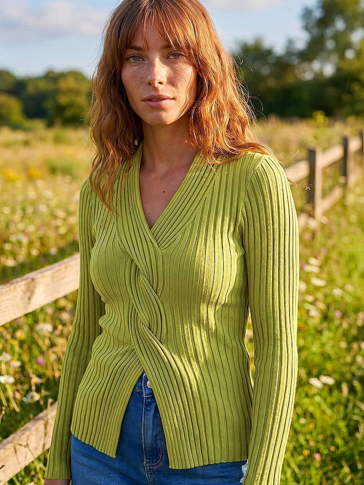 Roman Green Cable Split Detail Rib Jumper - Image 2 of 4 Roman Green Cable Split Detail Rib Jumper - Image 2 of 4