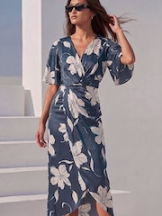 Roman Blue Printed Wrap Dress - Image 1 of 4