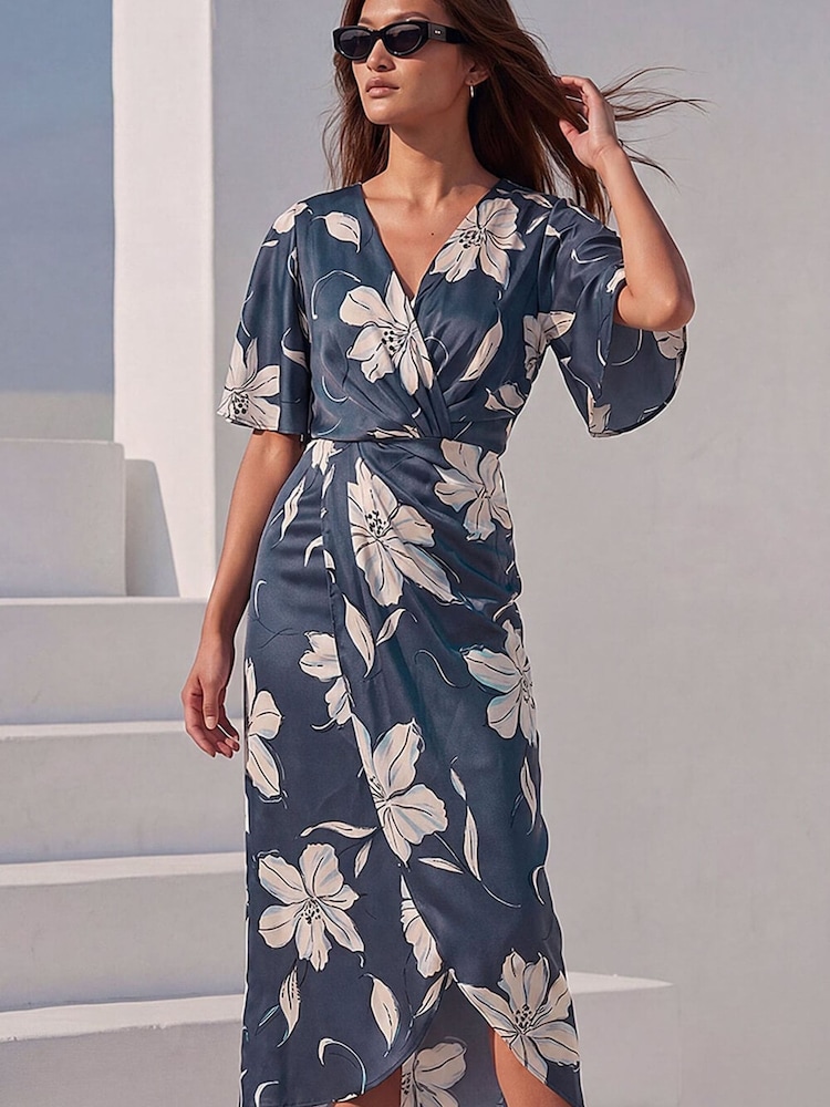 Roman Blue Printed Wrap Dress - Image 1 of 4 Roman Blue Printed Wrap Dress - Image 1 of 4