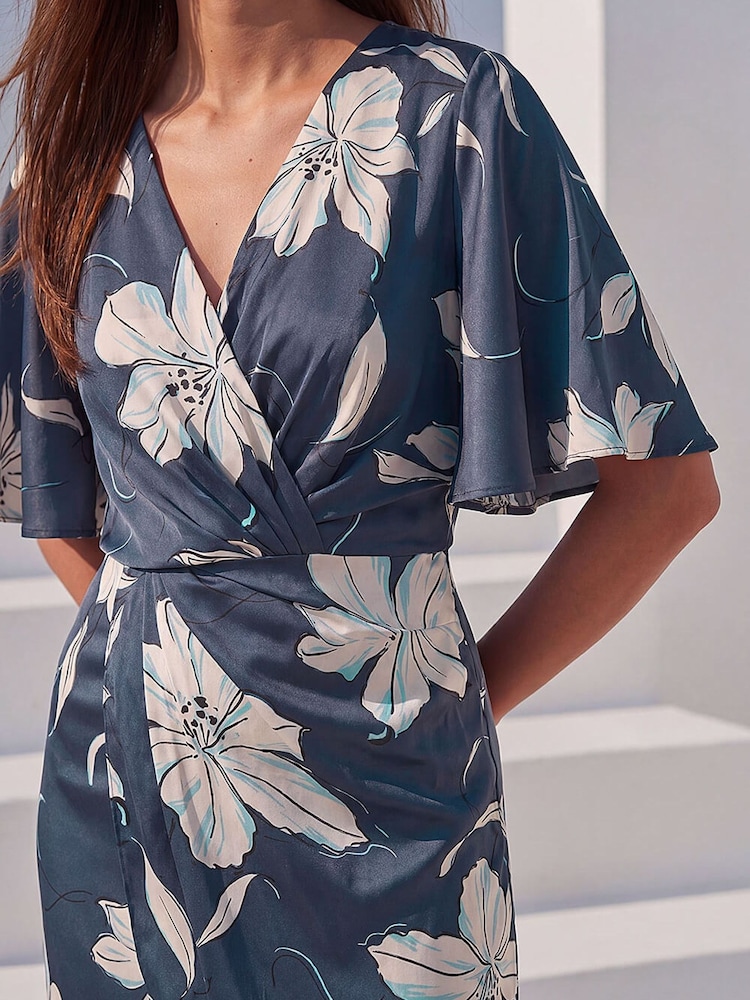 Roman Blue Printed Wrap Dress - Image 4 of 4 Roman Blue Printed Wrap Dress - Image 4 of 4