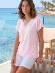 Roman Pink Petite Lace Trim V-Neck Top - Image 1 of 4