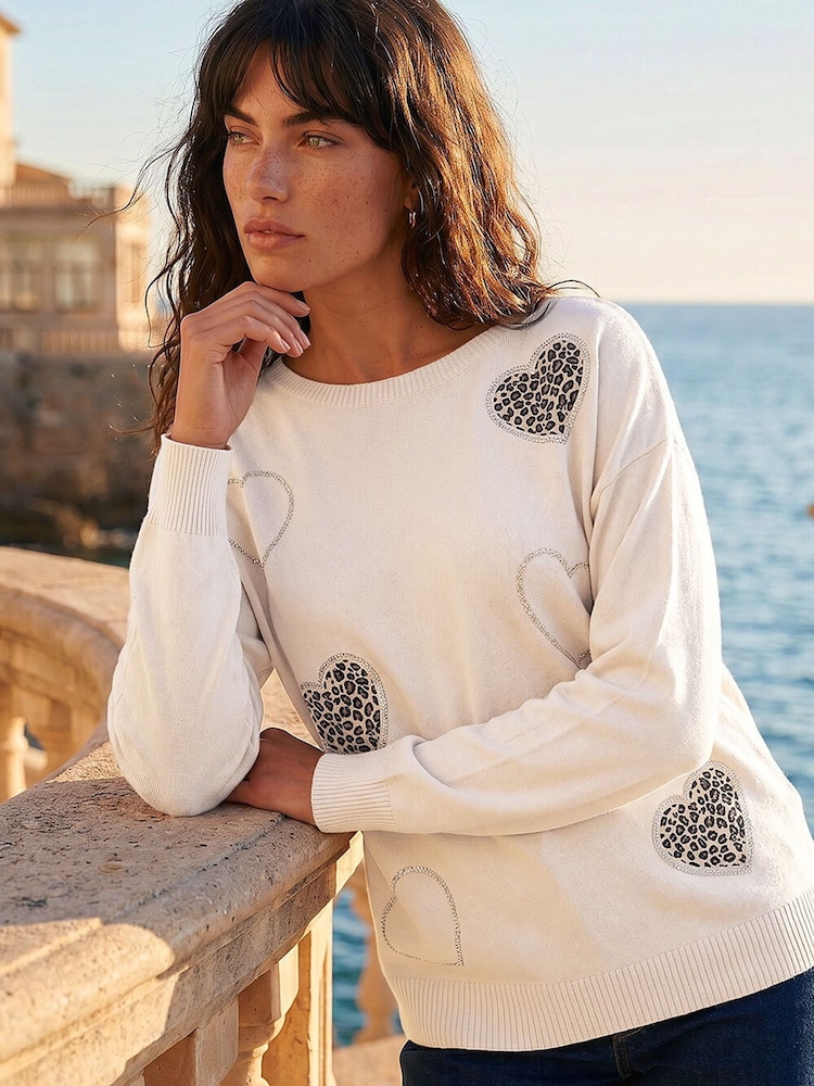 Roman White Heart Sequin Detail Knit Jumper - Image 1 of 4 Roman White Heart Sequin Detail Knit Jumper - Image 1 of 4
