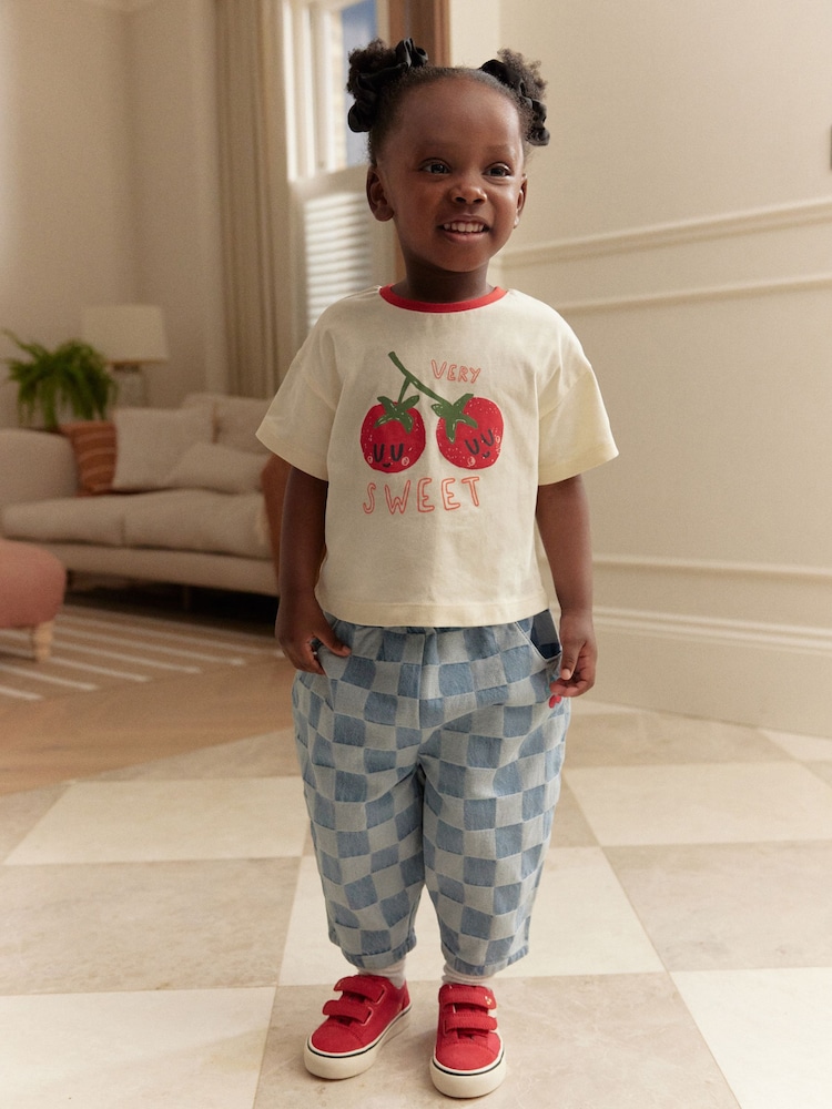 Denim Checkerboard 100% Cotton Jeans and Cherry T-Shirt Set (3mths-7yrs) - Image 1 of 5