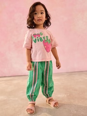 Green/Pink 100% Cotton T-Shirt and Stripe Trousers Set (3mths-7yrs) - Image 1 of 8
