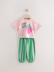 Green/Pink 100% Cotton T-Shirt and Stripe Trousers Set (3mths-7yrs) - Image 4 of 8
