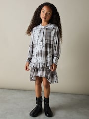Reiss Grey Alodie 13-14 yrs Floral-Check Tiered-Frill Dress - Image 2 of 4
