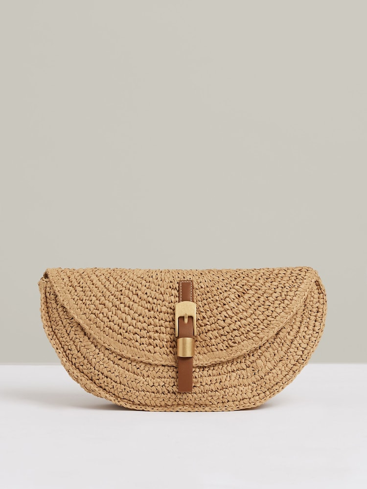 Reiss Natural Aria Raffia Half-Moon Clutch Bag - Image 1 of 5