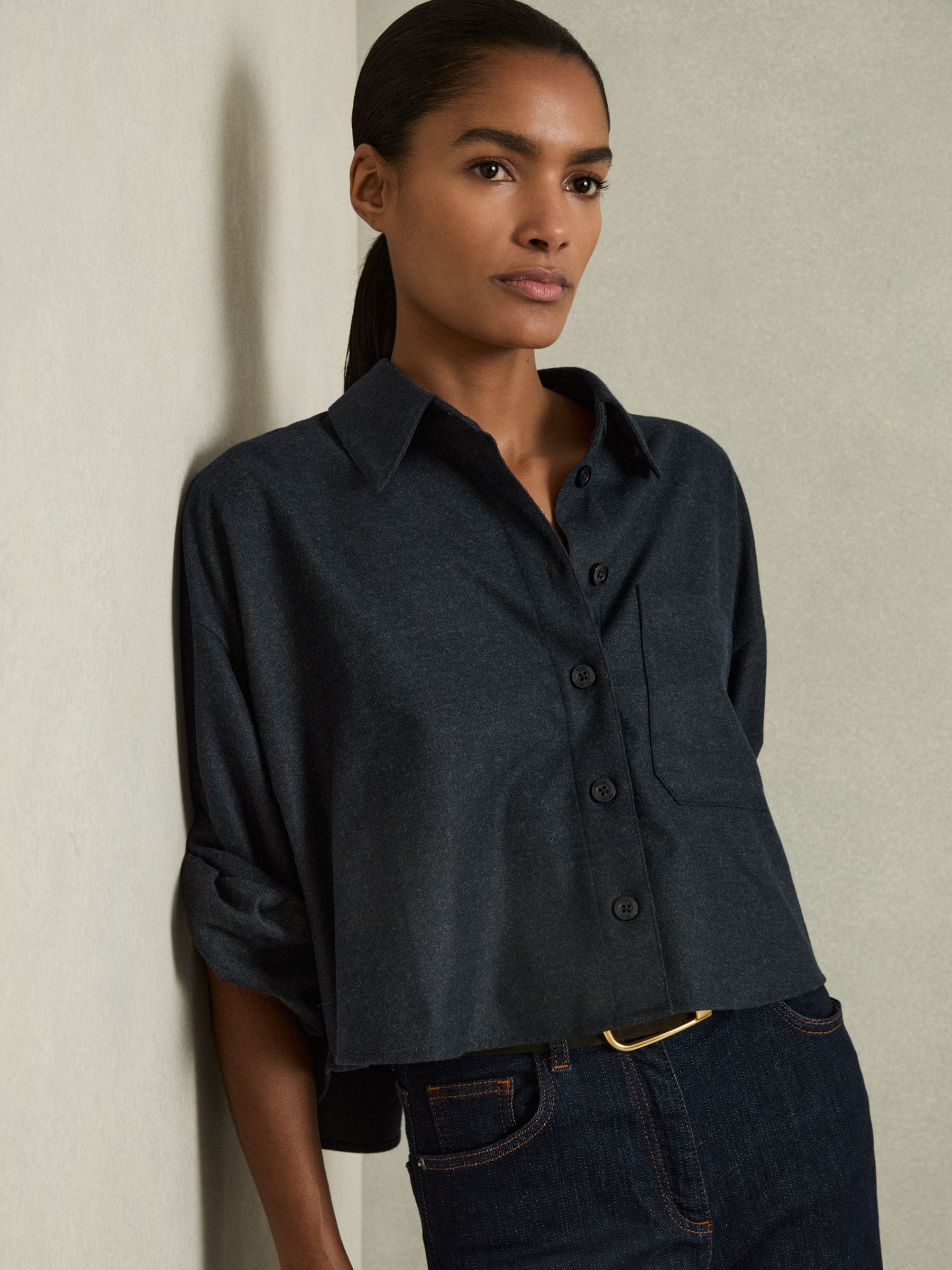 Reiss Navy Cropped Flannel Shirt
