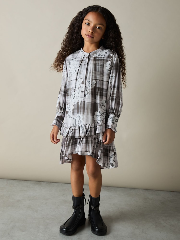 Reiss Grey Alodie 4-9 yrs Floral-Check Tiered-Frill Dress - Image 1 of 4
