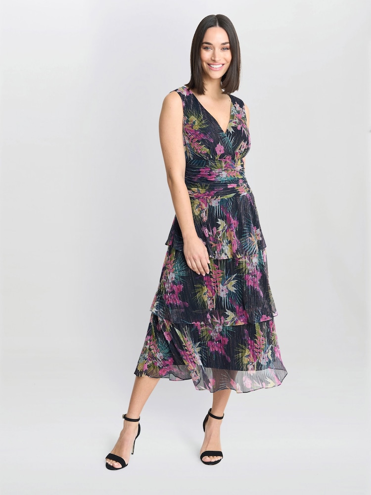 Gina Bacconi Nina Midi Sleeveless Printed Tiered Black Dress - Image 1 of 4