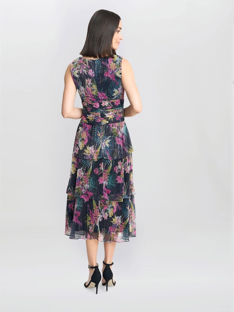 Gina Bacconi Nina Midi Sleeveless Printed Tiered Black Dress - Image 2 of 4