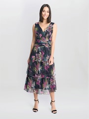 Gina Bacconi Nina Midi Sleeveless Printed Tiered Black Dress - Image 3 of 4