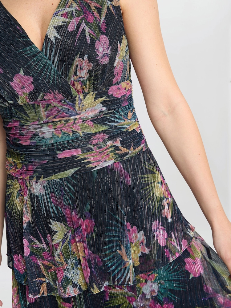 Gina Bacconi Nina Midi Sleeveless Printed Tiered Black Dress - Image 4 of 4