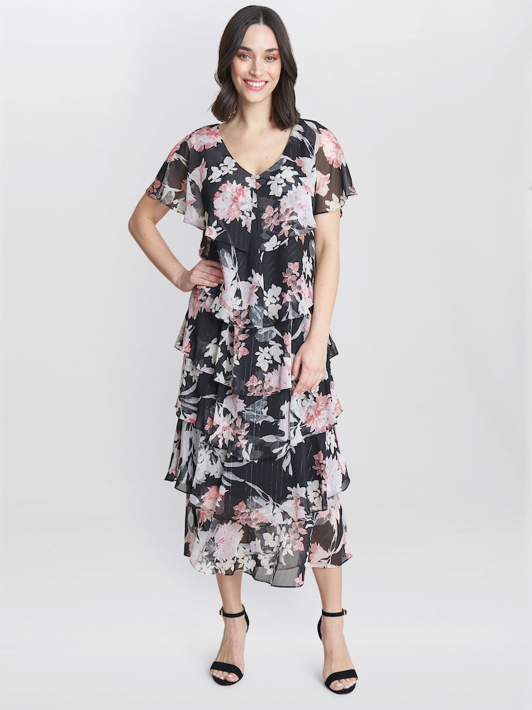 Gina Bacconi Janice V-Neck Printed Midi Length Tiered Black Dress - Image 1 of 5 Gina Bacconi Janice V-Neck Printed Midi Length Tiered Black Dress - Image 1 of 5