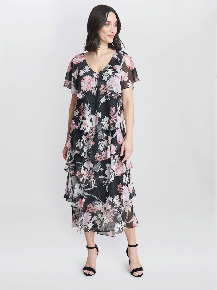 Gina Bacconi Janice V-Neck Printed Midi Length Tiered Black Dress - Image 5 of 5 Gina Bacconi Janice V-Neck Printed Midi Length Tiered Black Dress - Image 5 of 5