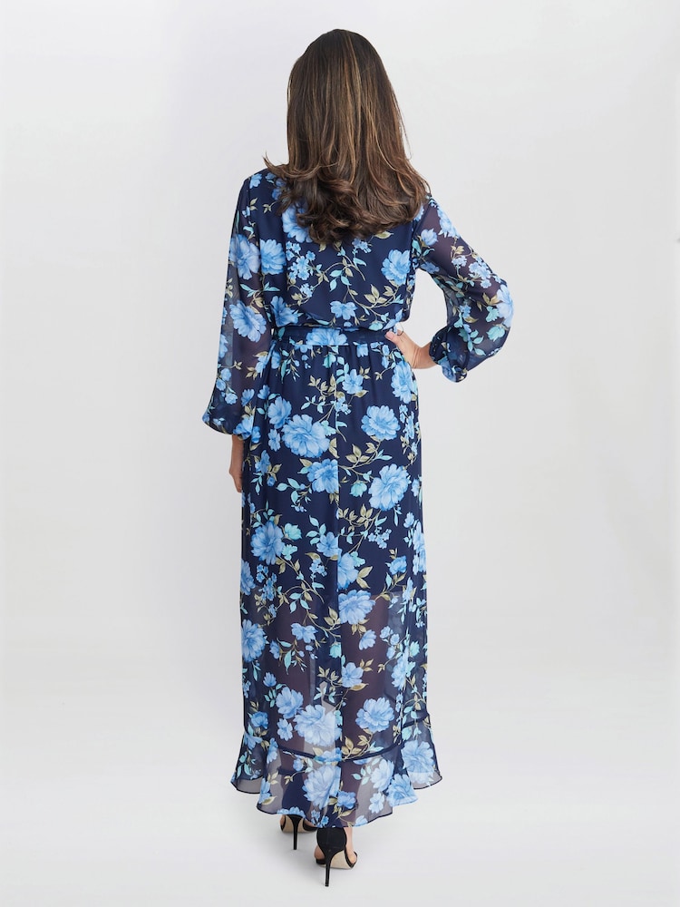 Gina Bacconi, Norma, bedrucktes Maxikleid mit Tulpen-Overlay und Bindegürtel, Blau - Bild 2 von 6 Gina Bacconi, Norma, bedrucktes Maxikleid mit Tulpen-Overlay und Bindegürtel, Blau - Bild 2 von 6