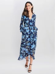 Gina Bacconi, Norma, bedrucktes Maxikleid mit Tulpen-Overlay und Bindegürtel, Blau - Bild 5 von 6