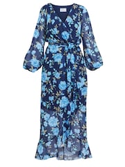 Gina Bacconi, Norma, bedrucktes Maxikleid mit Tulpen-Overlay und Bindegürtel, Blau - Bild 6 von 6