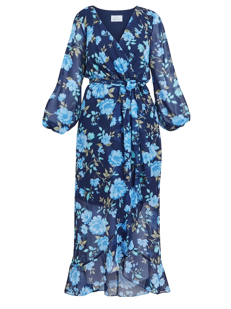 Gina Bacconi, Norma, bedrucktes Maxikleid mit Tulpen-Overlay und Bindegürtel, Blau - Bild 6 von 6